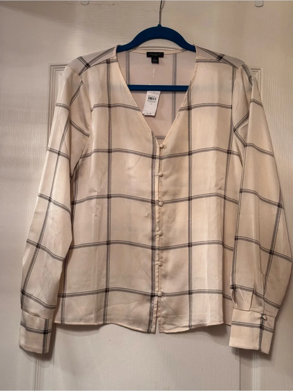 New ! Ann Taylor Cream Button-Front Windowpane Blouse